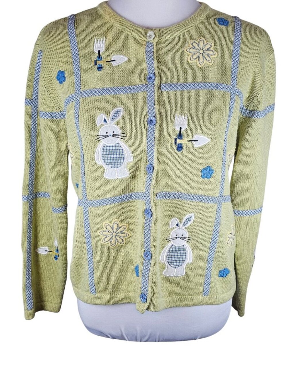 Vtg Bunny Garden Cardigan Sweater M Embroidery Cottagecore Grannycore Teacher